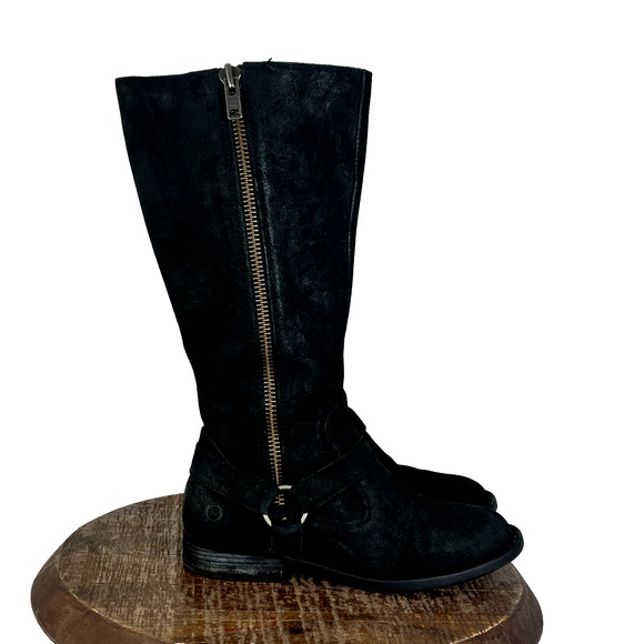BORN Tall Boots Womens 6.5M Black Delall Oiled Suede Leather Riding Moto D85309 - Picture 1 of 14